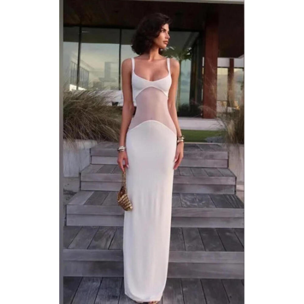 NWT Helsa Sheer Knit Curve Maxi Dress Vanilla  $498 msrp size M - Picture 2 of 11